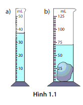Trong Hình 1.1, ban đầu bình a chứa nước, bình b chứa một vật rắn không thấm nước. Khi đổ hết nước từ bình a sang bình b thì mức nước trong bình b được vẽ trong hình.