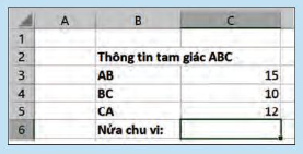 Quan sát hình ảnh sau và cho biết công thức cần nhập tại ô tính là gì?