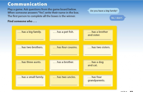 Pronunciation Reduction: do and does A.Listen and repeat. 5 1. Do you have a sister? 4. Does he have an aunt? 2. Do they have cousins? 5. Does she have a nephew? 3. Does he have a brother? 6. Does he have a niece? - B.Listen and answer. Circle the words you hear. | 1. (Does she / Do they) have a cousin? 2. (Do they / Do you) have an aunt? 3. (Do they / Does he) have younger brothers? ’ 4. (Does she / Do they) have a baby sister? 5. (Do they / Does she) have aunts and uncles? C. Work with a partner. Take tur